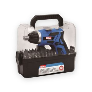 Hilka blue cordless screwdriver and accessory bits in a transparent carrying case with black handle