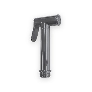 Slim reflective dark-chrome spray handset with trigger lever, round nozzle face and threaded inlet