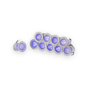 Ten blue LED recessed lights with brushed metal bezels and spring mounting clips