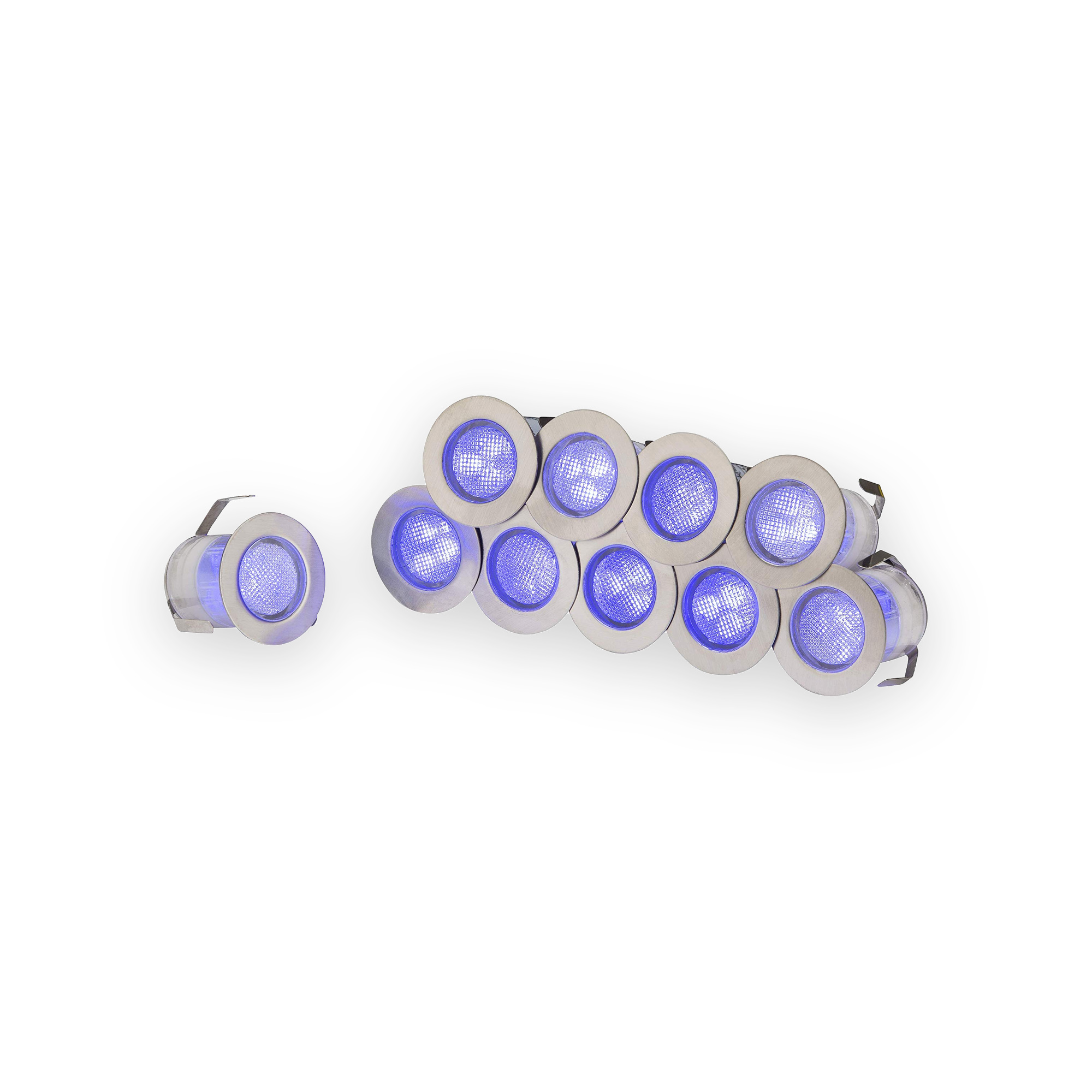 ip65-230v-10x-0-2w-blue-led-kit--gallery-01 Ten blue LED recessed lights with brushed metal bezels and spring mounting clips