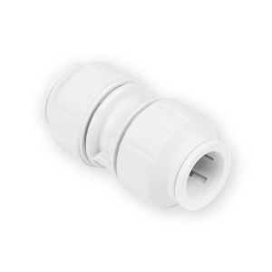 JG Speedfit straight push-fit connector, angled view showing white collars and pipe opening