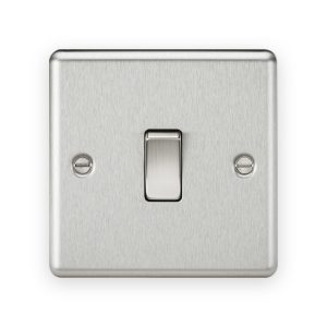 Knightsbridge brushed chrome single-rocker light switch with fixing screws
