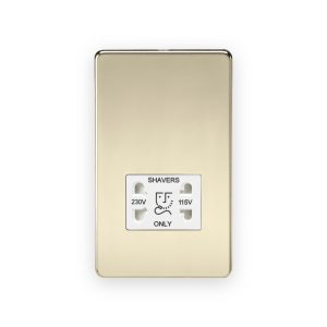 Knightsbridge 115V/230V Dual Voltage Shaver Socket - Polished Brass with White Insert with 230V and 115V shaver outlets