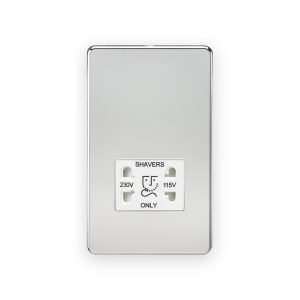 Knightsbridge 115V/230V Dual Voltage Shaver Socket - Polished Chrome with White Insert with 230V and 115V shaver outlets