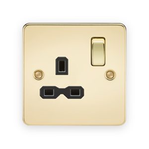 Knightsbridge 13A 1G DP Switched Socket - Polished Brass With Black Insert