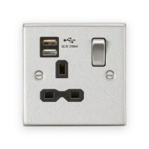Knightsbridge 13A 1G SP Switched Socket With Dual USB A+A (5V DC 2.1A Shared) - Brushed Chrome With Black Insert - CS91BC