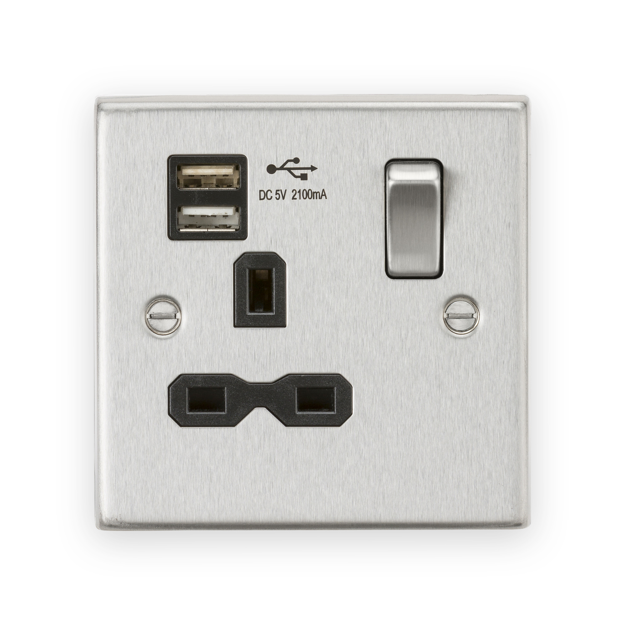 Knightsbridge 13A 1G SP Switched Socket With Dual USB A+A (5V DC 2.1A Shared) - Brushed Chrome With Black Insert - CS91BC Knightsbridge 13A 1G SP Switched Socket With Dual USB A+A (5V DC 2.1A Shared) - Brushed Chrome With Black Insert - CS91BC
