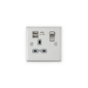 Knightsbridge 13A 1G SP Switched Socket with Dual USB A+A (5V DC 2.1A shared) - Brushed Chrome with Grey Insert