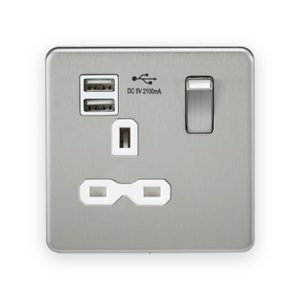 Knightsbridge 13A 1G SP Switched Socket with Dual USB A+A (5V DC 2.1A shared) - Brushed Chrome with White Insert