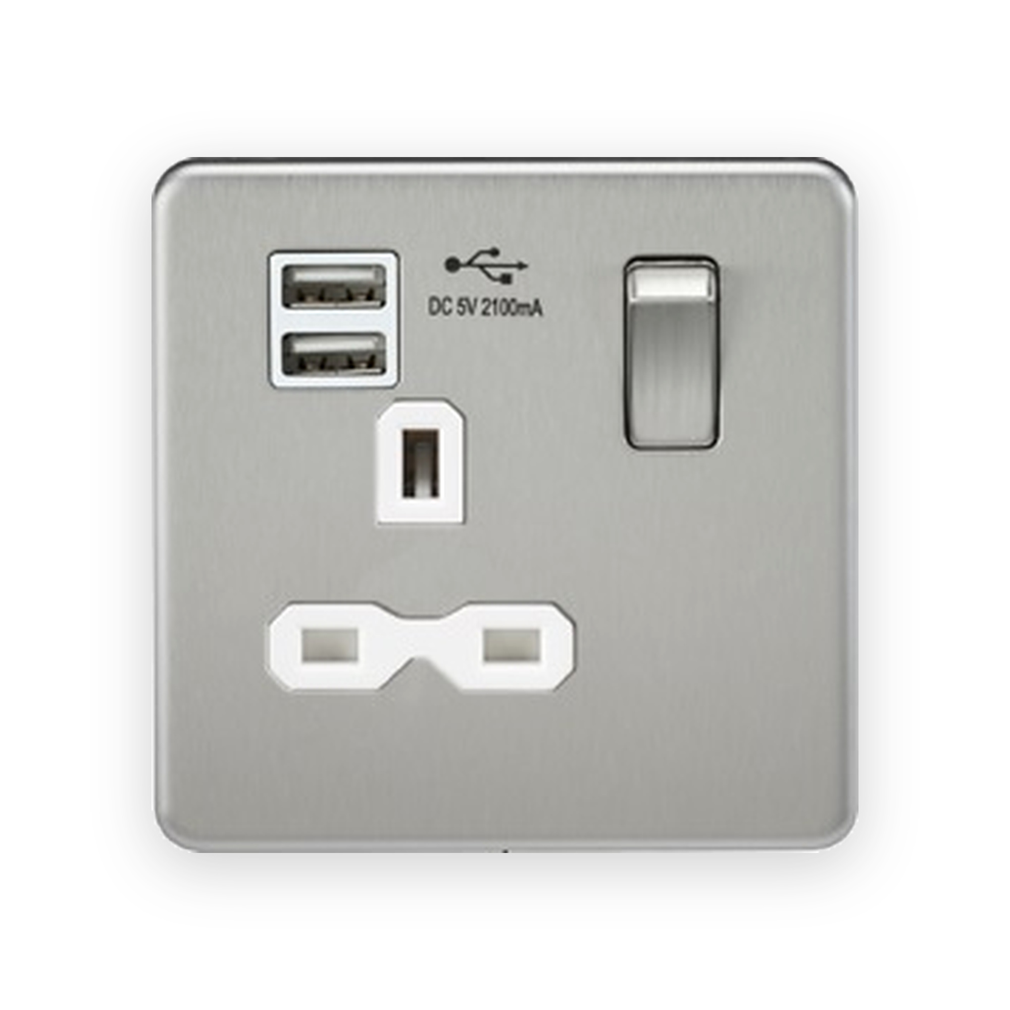 knightsbridge-13a-1g-sp-switched-socket-with-dual-usb-a-a-5v-dc-2-1a-shared-brushed-chrome-with-white-insert-sfr9901bcw Knightsbridge 13A 1G SP Switched Socket with Dual USB A+A (5V DC 2.1A shared) - Brushed Chrome with White Insert
