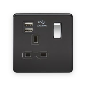 Knightsbridge 13A 1G SP Switched Socket with Dual USB A+A (5V DC 2.1A shared) - Matt Black with Chrome Rocker