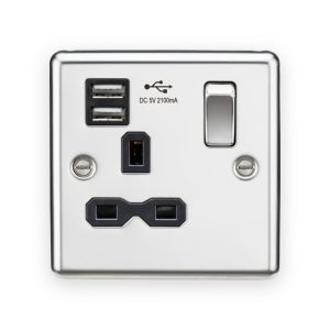 Knightsbridge 13A 1G SP Switched Socket with Dual USB A+A (5V DC 2.1A shared) - Polished Chrome with Black Insert