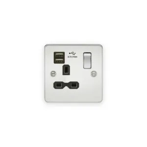 Knightsbridge 13A 1G SP Switched Socket with Dual USB A+A (5V DC 2.1A shared) - Polished Chrome with Black Insert