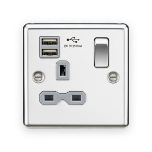 Knightsbridge 13A 1G SP Switched Socket with Dual USB A+A (5V DC 2.1A shared) - Polished Chrome with Grey Insert