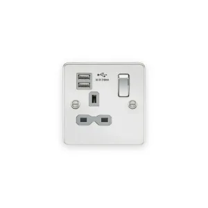 Knightsbridge 13A 1G SP Switched Socket with Dual USB A+A (5V DC 2.1A shared) - Polished Chrome with Grey Insert