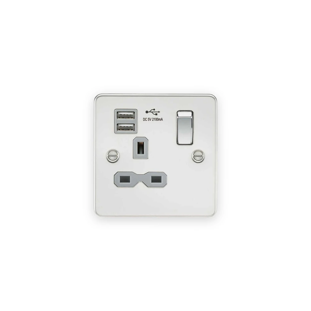 Knightsbridge 13A 1G SP Switched Socket with Dual USB A+A (5V DC 2.1A shared) - Polished Chrome with Grey Insert Knightsbridge 13A 1G SP Switched Socket with Dual USB A+A (5V DC 2.1A shared) - Polished Chrome with Grey Insert