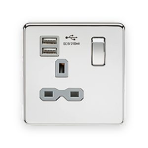 Knightsbridge 13A 1G SP Switched Socket With Dual USB A+A (5V DC 2.1A Shared) - Polished Chrome With Grey Insert