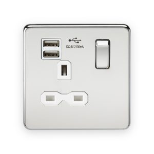 Knightsbridge 13A 1G SP Switched Socket with Dual USB A+A (5V DC 2.1A shared) - Polished Chrome with White Insert