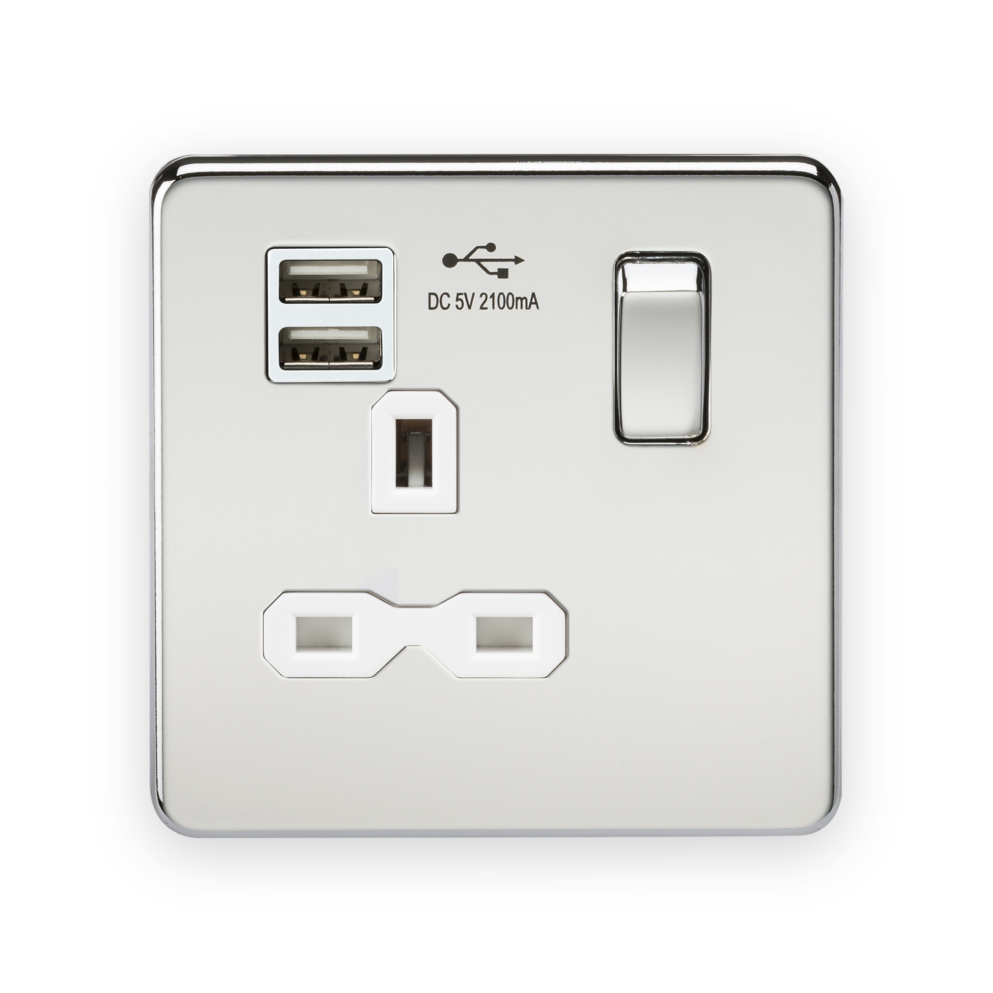 knightsbridge-13a-1g-sp-switched-socket-with-dual-usb-a-a-5v-dc-2-1a-shared-polished-chrome-with-white-insert-5055832946359-gallery-01 Knightsbridge 13A 1G SP Switched Socket with Dual USB A+A (5V DC 2.1A shared) - Polished Chrome with White Insert