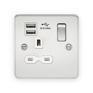 Knightsbridge 13A 1G SP Switched Socket With Dual USB A+A (5V DC 2.1A Shared) - Polished Chrome With White Insert