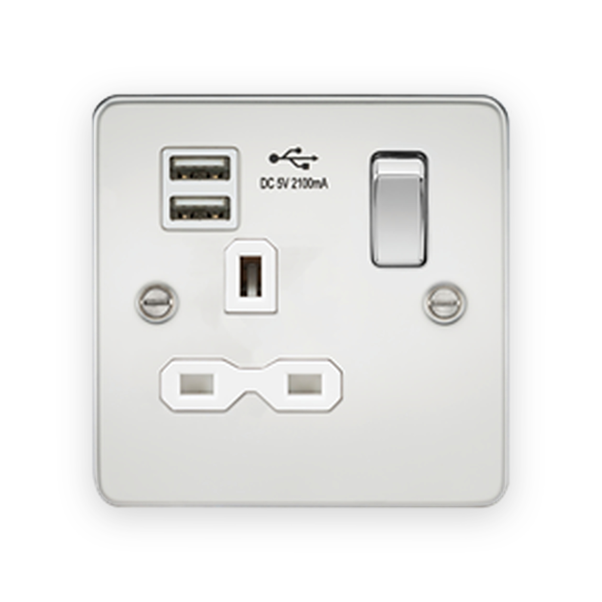 knightsbridge-13a-1g-sp-switched-socket-with-dual-usb-a-a-5v-dc-2-1a-shared-polished-chrome-with-white-insert-5055832957782 Knightsbridge 13A 1G SP Switched Socket With Dual USB A+A (5V DC 2.1A Shared) - Polished Chrome With White Insert