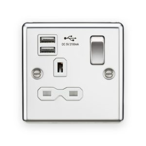 Knightsbridge 13A 1G SP Switched Socket with Dual USB A+A (5V DC 2.1A shared) - Polished Chrome with White Insert