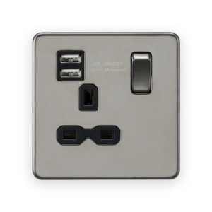 Knightsbridge 13A 1G SP Switched Socket with Dual USB A+A (5V DC 2.4A shared) - Black Nickel with Black Insert
