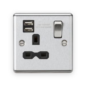 Knightsbridge 13A 1G SP Switched Socket with Dual USB A+A (5V DC 2.4A shared) - Brushed Chrome with Black Insert