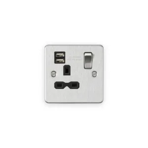 Knightsbridge FPR9124BC brushed chrome switched socket with dual USB-A ports and black inserts