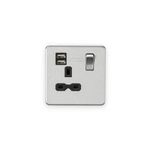 Knightsbridge SFR9124BC screwless brushed chrome switched socket with dual USB-A ports and black inserts