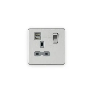 Knightsbridge 13A 1G SP Switched Socket with Dual USB A+A (5V DC 2.4A shared) - Brushed Chrome with Grey Insert