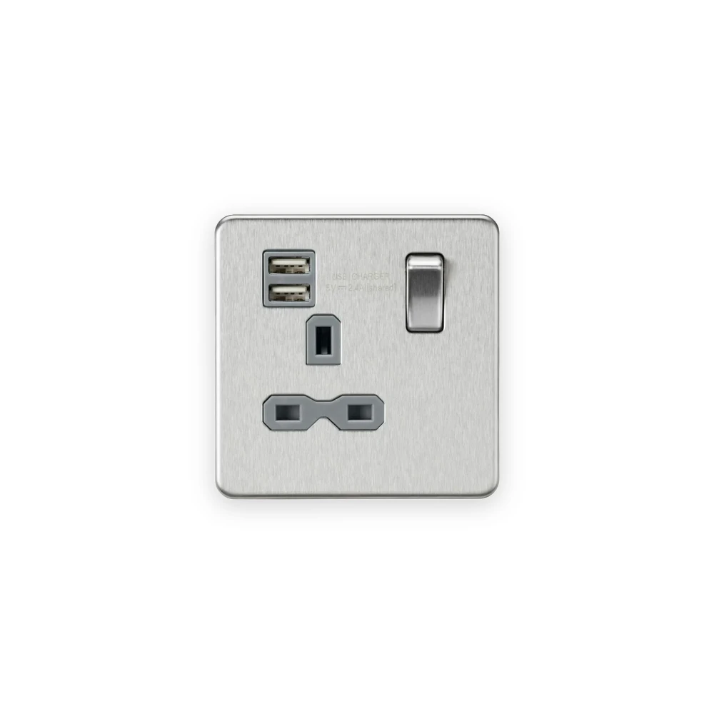 Knightsbridge 13A 1G SP Switched Socket with Dual USB A+A (5V DC 2.4A shared) - Brushed Chrome with Grey Insert Knightsbridge 13A 1G SP Switched Socket with Dual USB A+A (5V DC 2.4A shared) - Brushed Chrome with Grey Insert