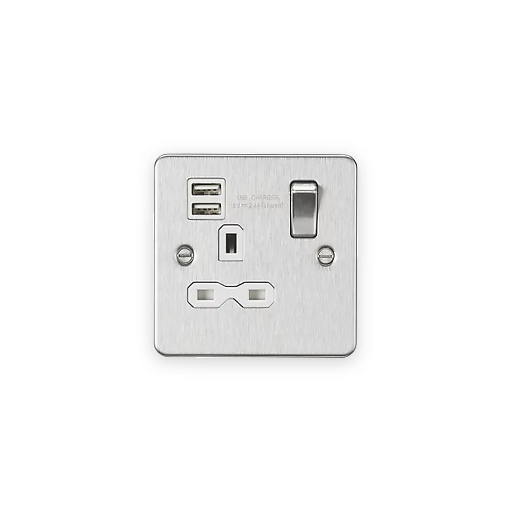 Knightsbridge 13A 1G SP Switched Socket with Dual USB A+A (5V DC 2.4A shared) - Brushed Chrome with White Insert Knightsbridge 13A 1G SP Switched Socket with Dual USB A+A (5V DC 2.4A shared) - Brushed Chrome with White Insert
