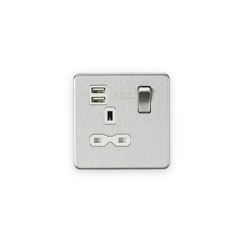 Knightsbridge 13A 1G SP Switched Socket with Dual USB A+A (5V DC 2.4A shared) - Brushed Chrome with White Insert Knightsbridge 13A 1G SP Switched Socket with Dual USB A+A (5V DC 2.4A shared) - Brushed Chrome with White Insert