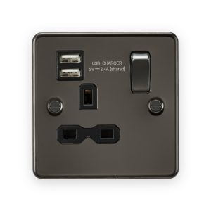 Knightsbridge 13A 1G SP Switched Socket with Dual USB A+A (5V DC 2.4A shared) - Gunmetal with Black Insert