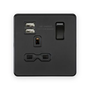 Knightsbridge 13A 1G SP Switched Socket with Dual USB A+A (5V DC 2.4A shared) - Matt Black with Black Insert