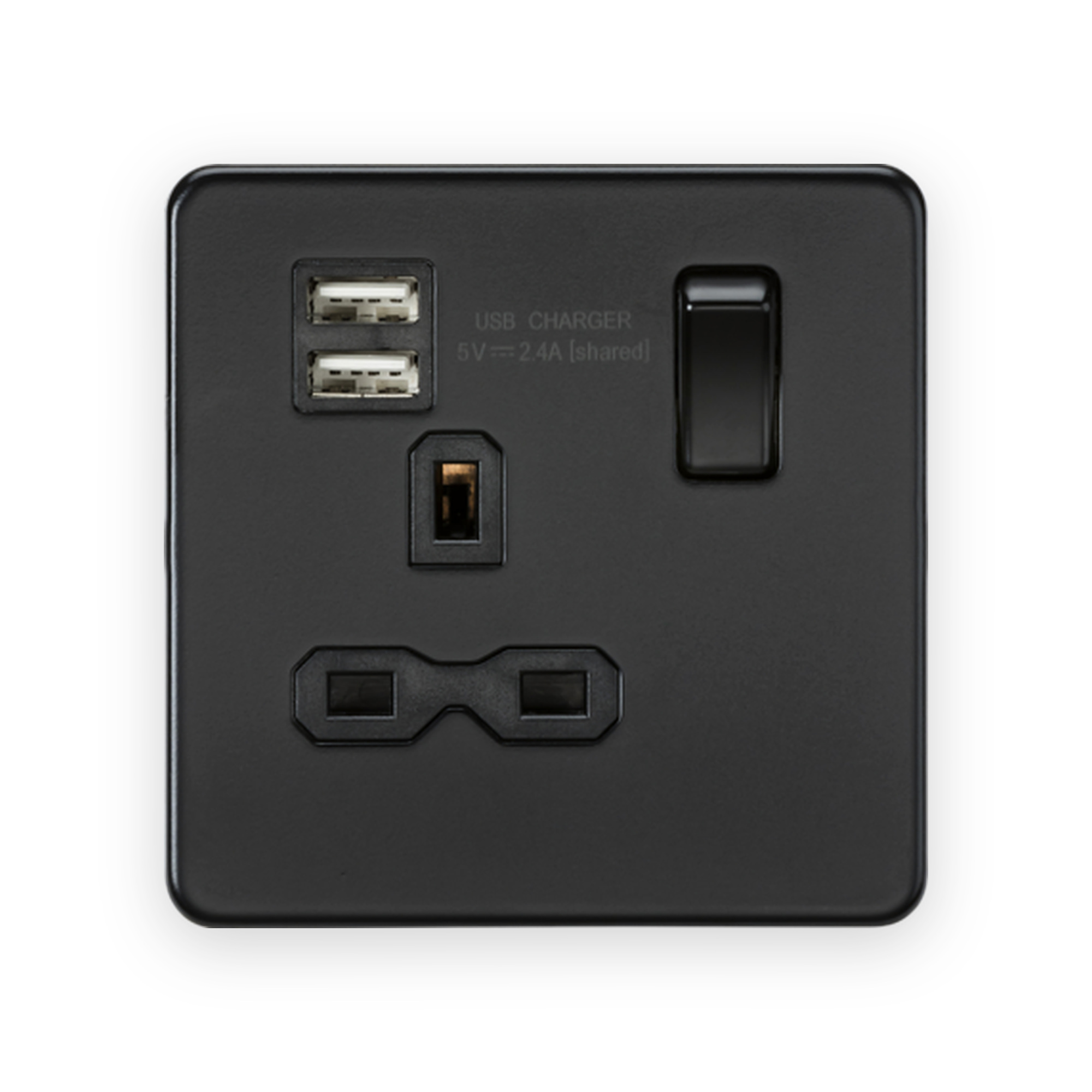knightsbridge-13a-1g-sp-switched-socket-with-dual-usb-a-a-5v-dc-2-4a-shared-matt-black-with-black-insert-sfr9124mbb Knightsbridge 13A 1G SP Switched Socket with Dual USB A+A (5V DC 2.4A shared) - Matt Black with Black Insert