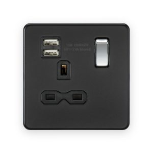Knightsbridge 13A 1G SP Switched Socket with Dual USB A+A (5V DC 2.4A shared) - Matt Black with Chrome Rocker