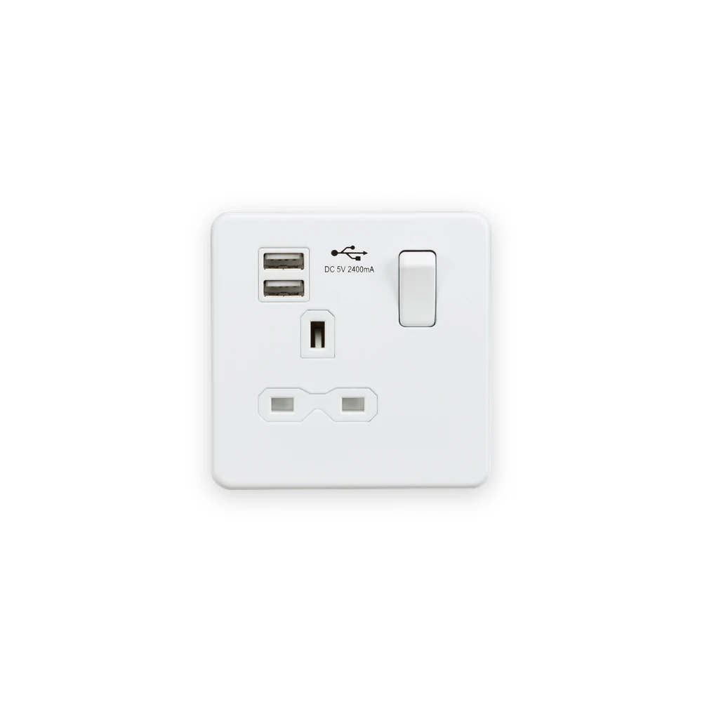 Knightsbridge SFR9124MW screwless matt white switched socket with dual USB-A ports and white inserts Knightsbridge SFR9124MW screwless matt white switched socket with dual USB-A ports and white inserts