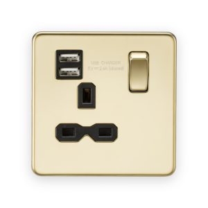 Knightsbridge 13A 1G SP Switched Socket with Dual USB A+A (5V DC 2.4A shared) - Polished Brass with Black Insert