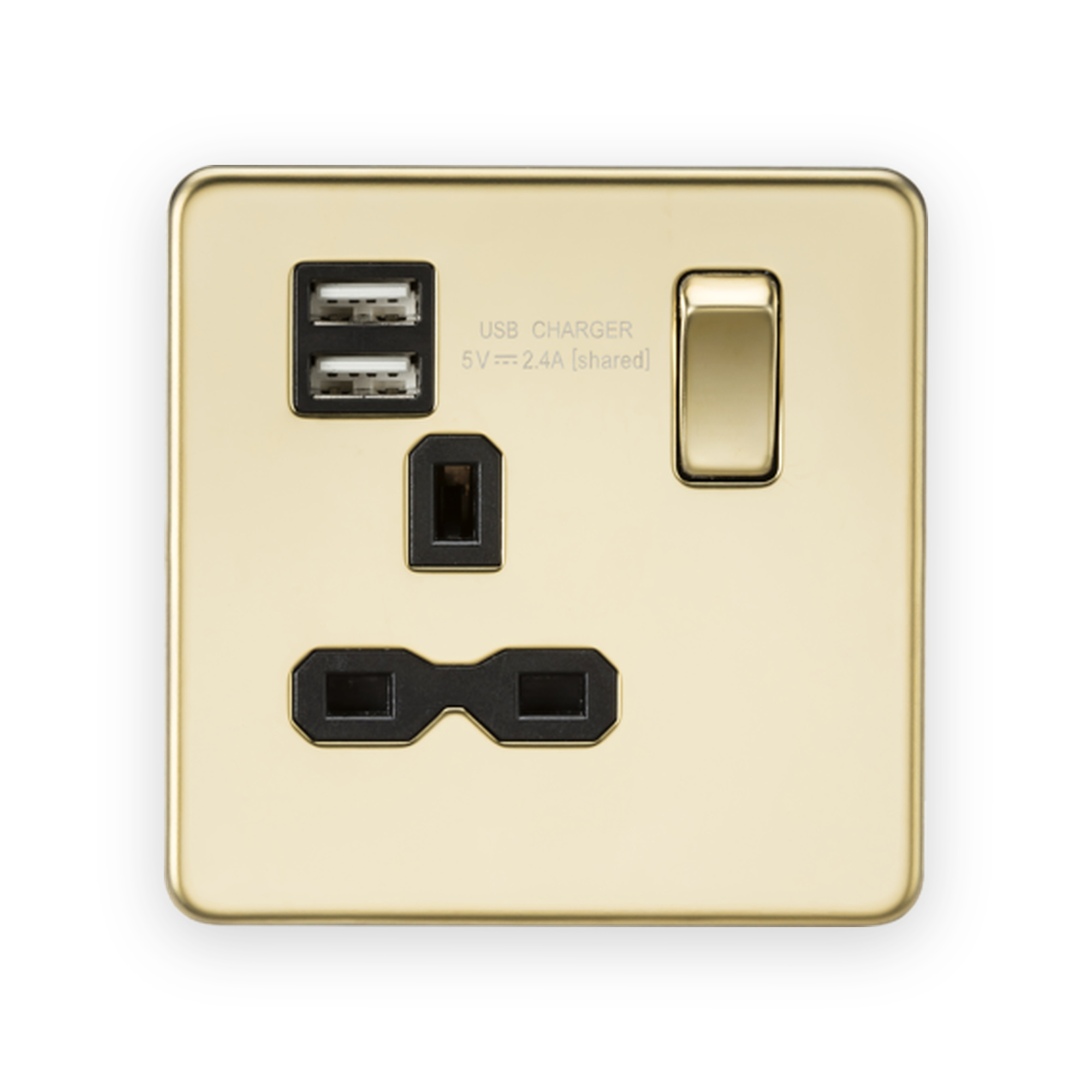 knightsbridge-13a-1g-sp-switched-socket-with-dual-usb-a-a-5v-dc-2-4a-shared-polished-brass-with-black-insert-sfr9124pb Knightsbridge 13A 1G SP Switched Socket with Dual USB A+A (5V DC 2.4A shared) - Polished Brass with Black Insert