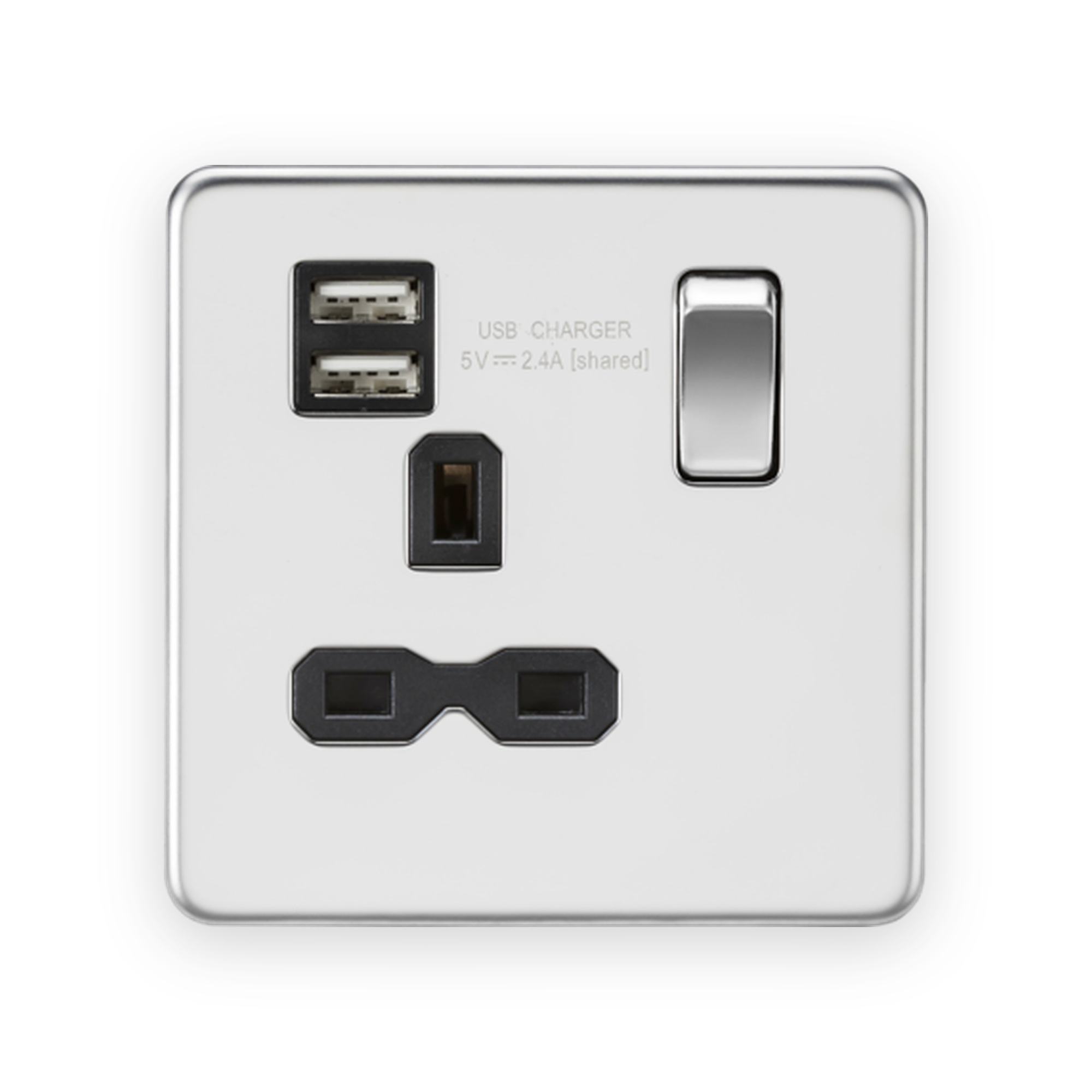 knightsbridge-13a-1g-sp-switched-socket-with-dual-usb-a-a-5v-dc-2-4a-shared-polished-chrome-with-black-insert-sfr9124pc Knightsbridge 13A 1G SP Switched Socket with Dual USB A+A (5V DC 2.4A shared) - Polished Chrome with Black Insert