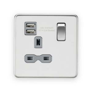 Knightsbridge 13A 1G SP Switched Socket with Dual USB A+A (5V DC 2.4A shared) - Polished Chrome with Grey Insert
