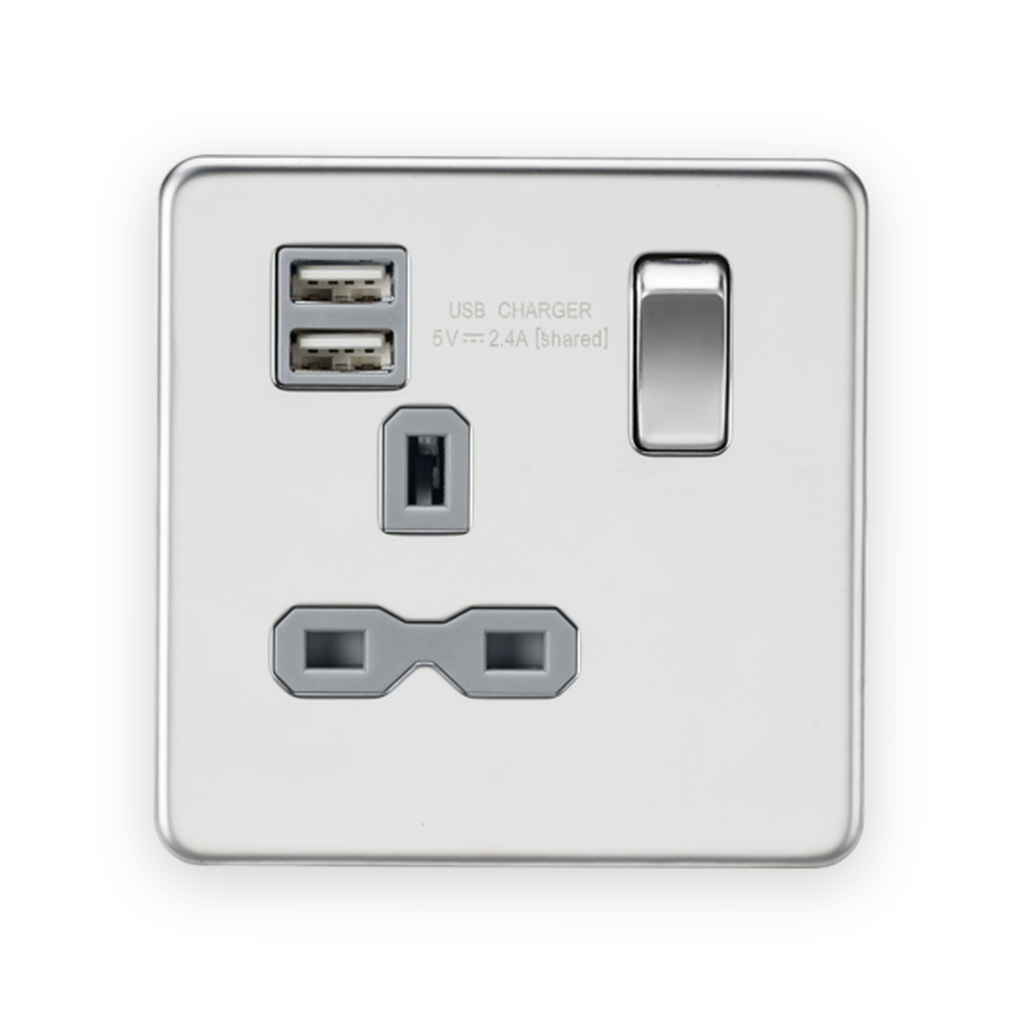 knightsbridge-13a-1g-sp-switched-socket-with-dual-usb-a-a-5v-dc-2-4a-shared-polished-chrome-with-grey-insert-sfr9124pcg Knightsbridge 13A 1G SP Switched Socket with Dual USB A+A (5V DC 2.4A shared) - Polished Chrome with Grey Insert