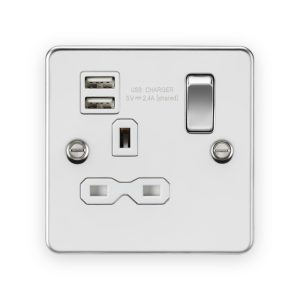Knightsbridge 13A 1G SP Switched Socket with Dual USB A+A (5V DC 2.4A shared) - Polished Chrome with White Insert