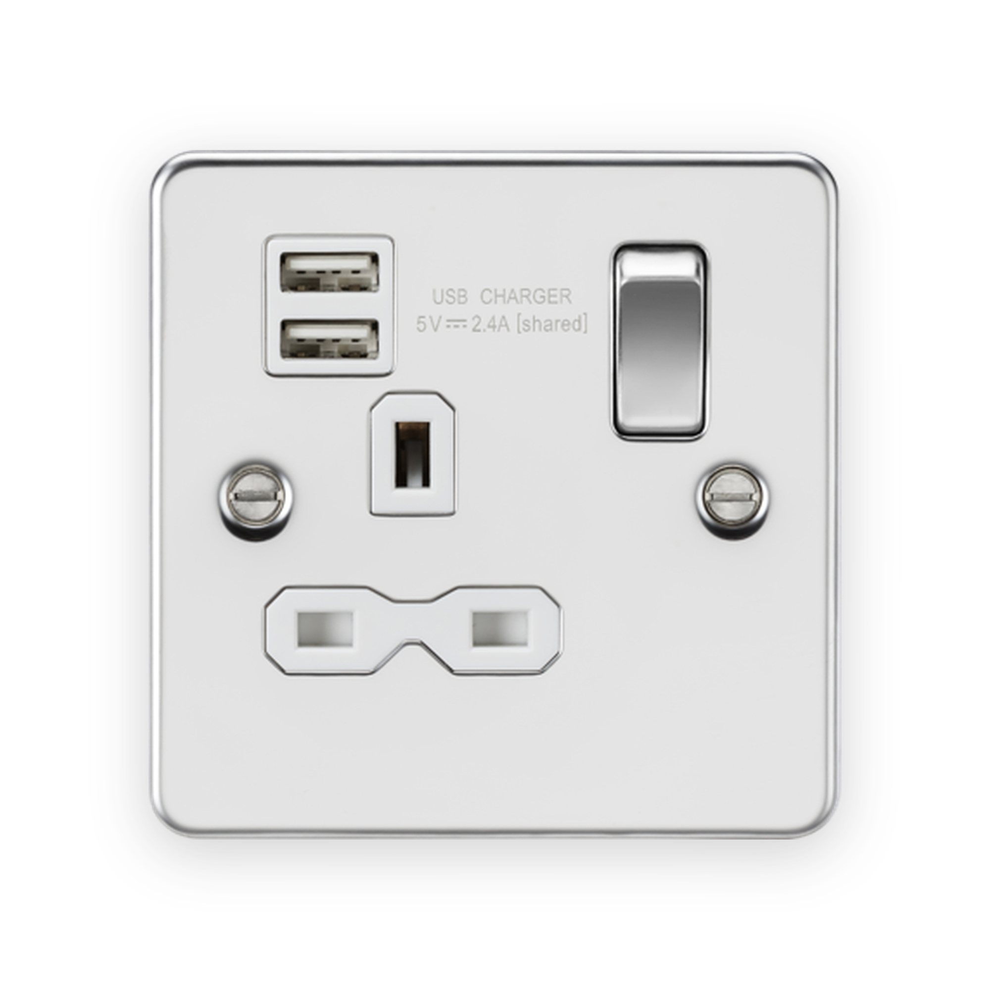 knightsbridge-13a-1g-sp-switched-socket-with-dual-usb-a-a-5v-dc-2-4a-shared-polished-chrome-with-white-insert-fpr9124pcw Knightsbridge 13A 1G SP Switched Socket with Dual USB A+A (5V DC 2.4A shared) - Polished Chrome with White Insert