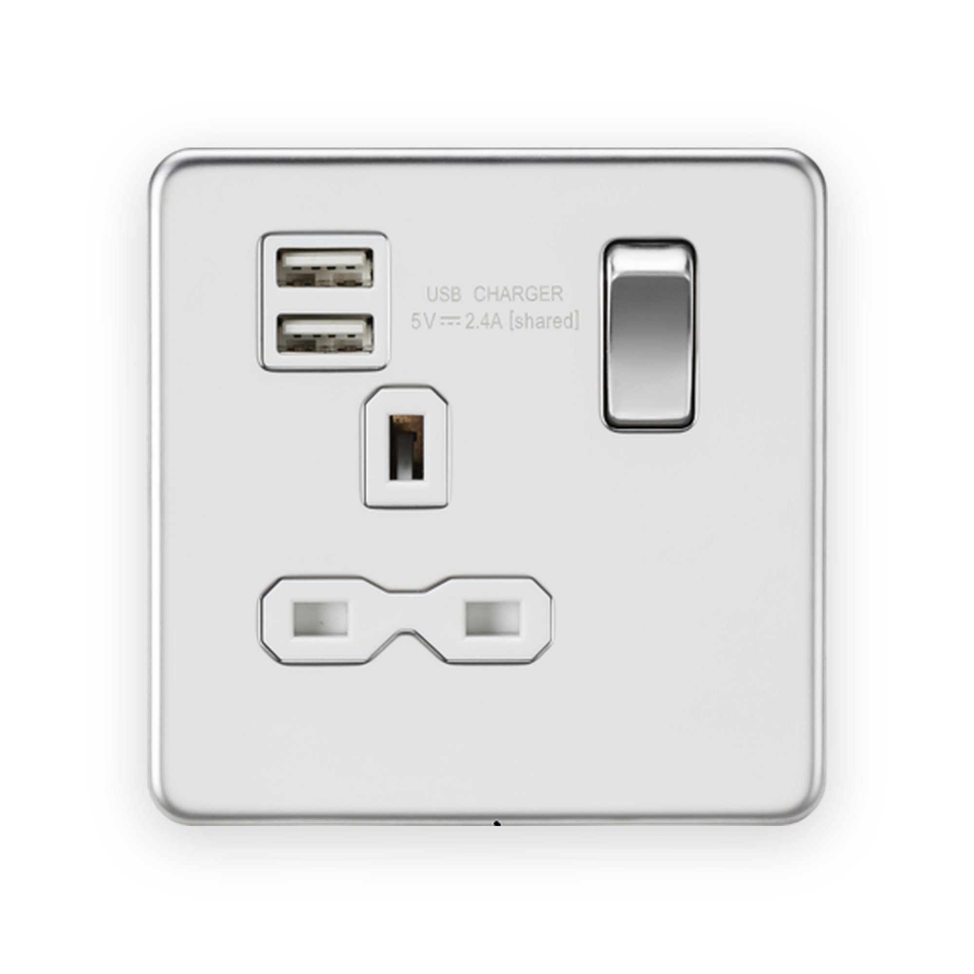 knightsbridge-13a-1g-sp-switched-socket-with-dual-usb-a-a-5v-dc-2-4a-shared-polished-chrome-with-white-insert-sfr9124pcw Knightsbridge 13A 1G SP Switched Socket with Dual USB A+A (5V DC 2.4A shared) - Polished Chrome with White Insert
