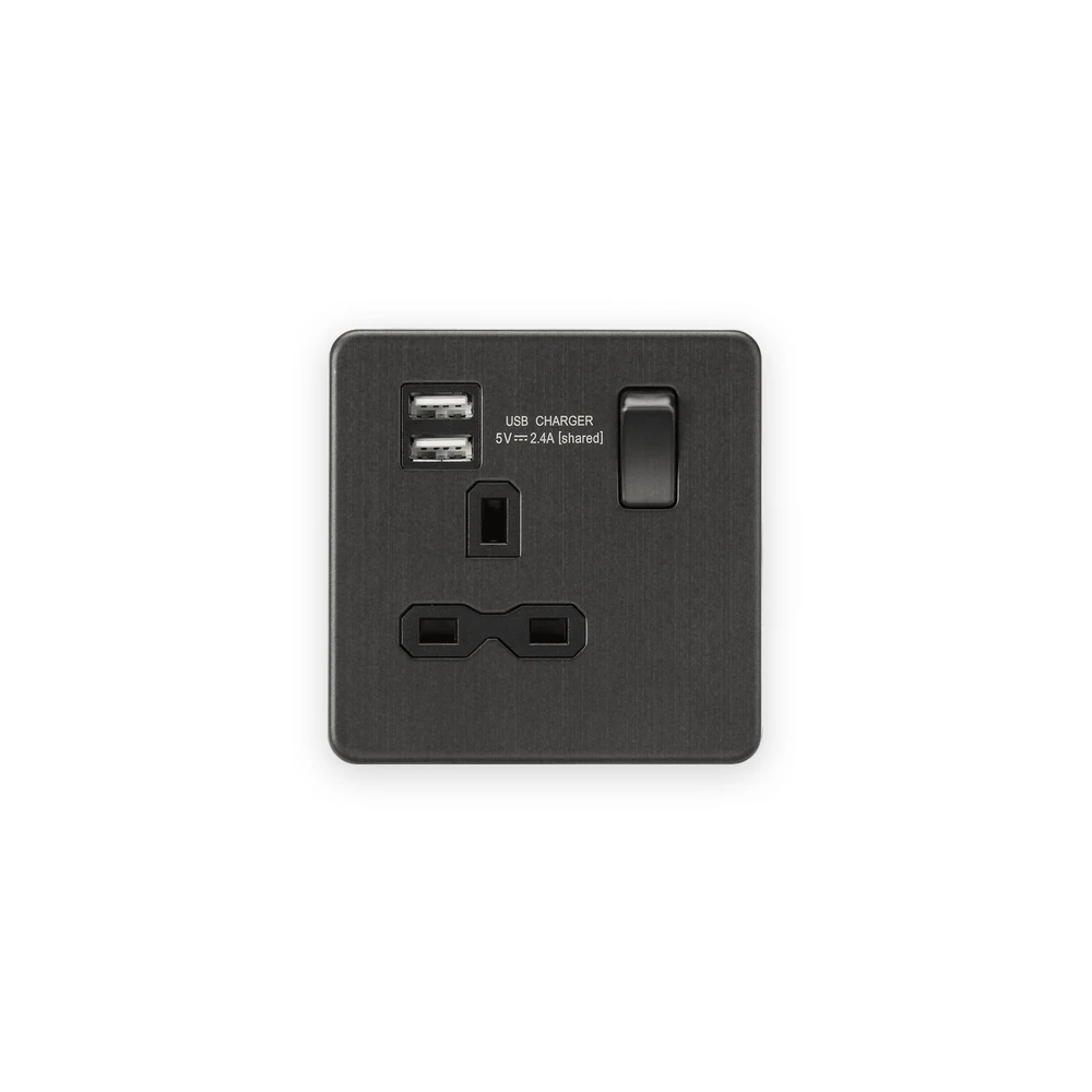 Knightsbridge 13A 1G SP Switched Socket with Dual USB A+A (5V DC 2.4A shared) - Smoked Bronze with Black Insert Knightsbridge 13A 1G SP Switched Socket with Dual USB A+A (5V DC 2.4A shared) - Smoked Bronze with Black Insert