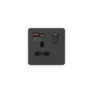 Knightsbridge 13A 1G SP Switched Socket with Dual USB A+C 12V DC 1.5A [Max. 18W] - Anthracite with Black Insert