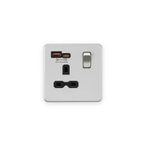 Knightsbridge 13A 1G SP Switched Socket with Dual USB A+C 12V DC 1.5A [Max. 18W] - Brushed Chrome w/Black Insert